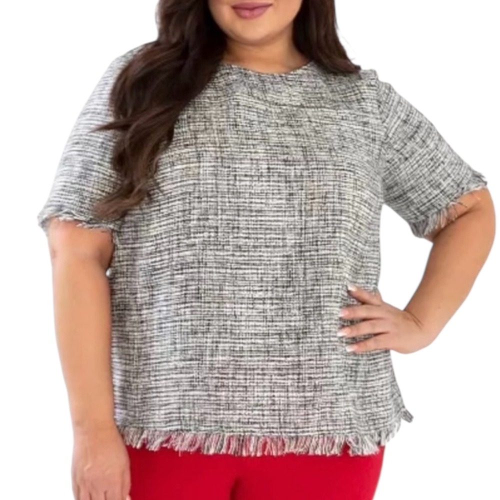 Marée‎ Pour Toi Tweed Top Fringed Short Sleeve Career Casual Black White 16